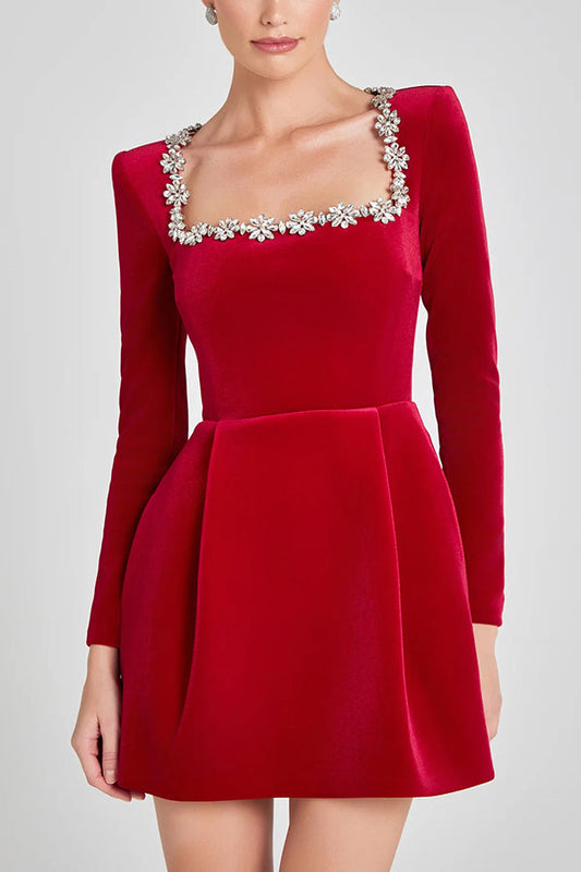 Endless Celebration Velvet Jewel Embellished Trim Long Sleeve Pocketed Mini Dress (Shipped Within 24 Hours)