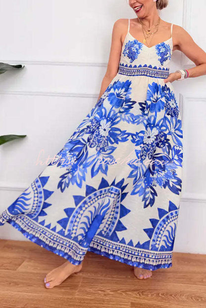 Bohemian Art Print Blue and White Striped Sundress