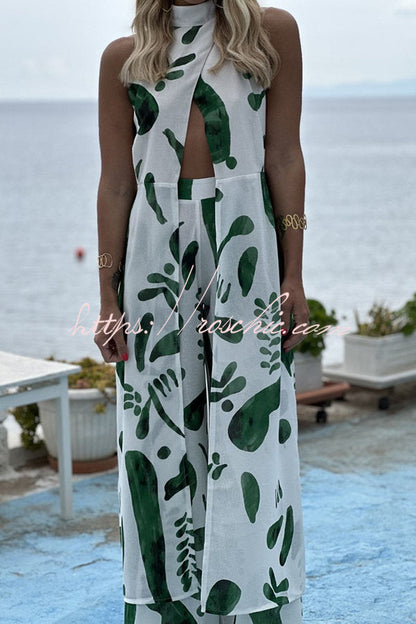 Sarasota Doodle Print Center Front Split Midi Top and Elastic Waist Pants Set