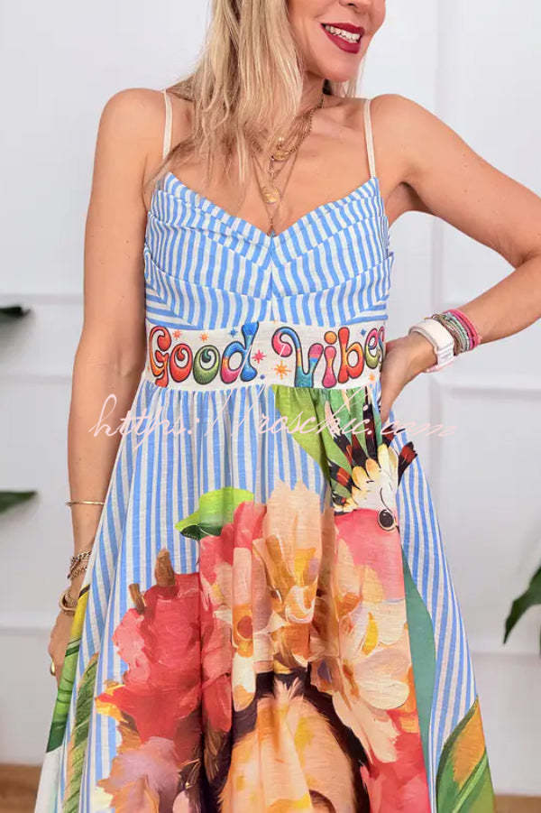 Bohemian Art Print Blue and White Striped Sundress