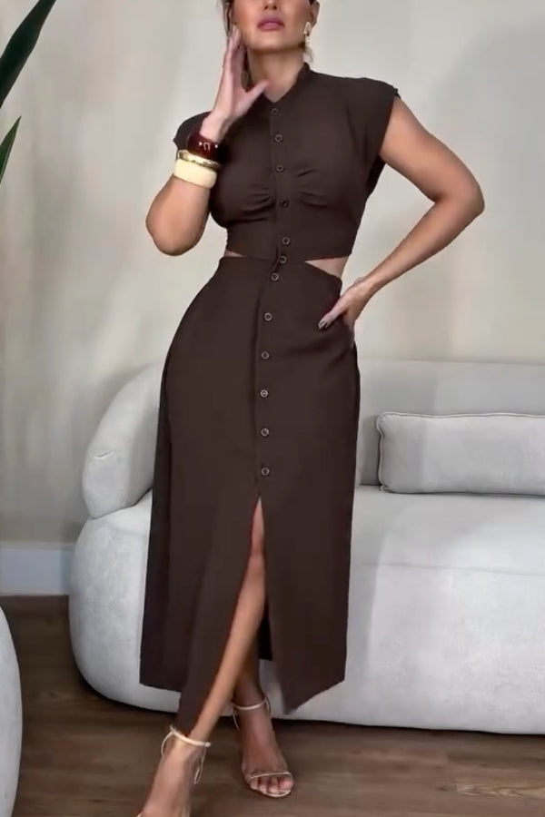 Stand Collar Cap Sleeve Cutout Button-Front Slit Midi Dress