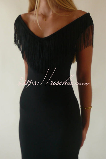 Solid Color V-neck Off-shoulder Slim-fit Tassel Midi Dress