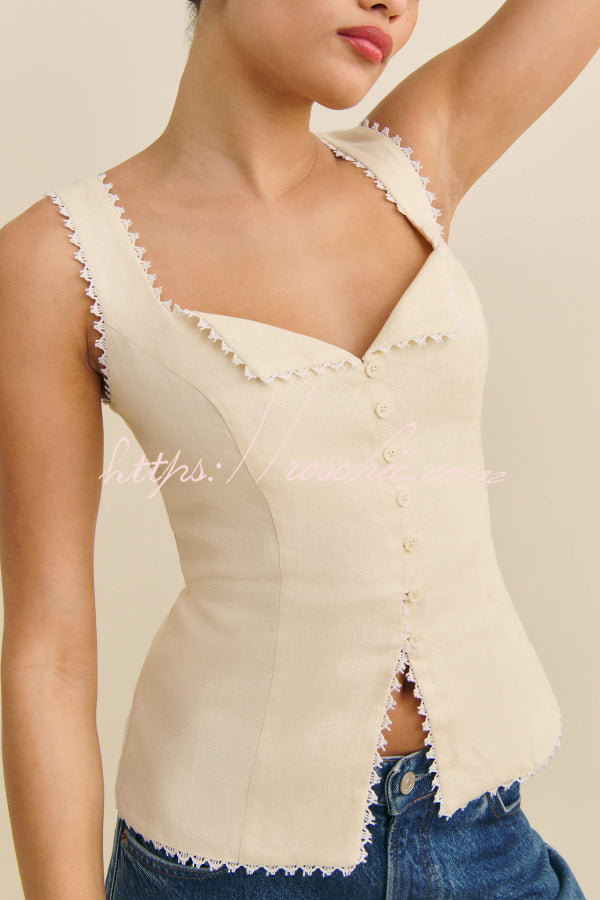 Fashionable Lace-trimmed V-neck Sleeveless Slim-fit Vest