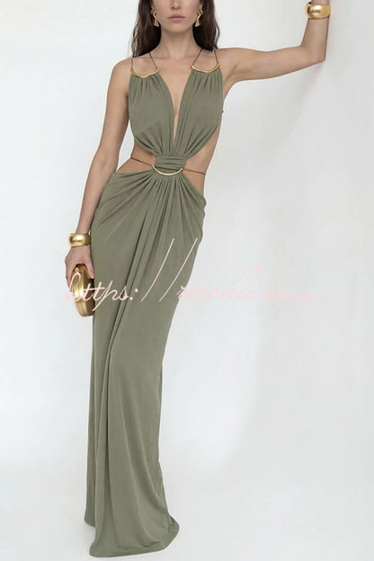 Athena Metal-Link Cutout Design Back Lace-up Drape Maxi Dress