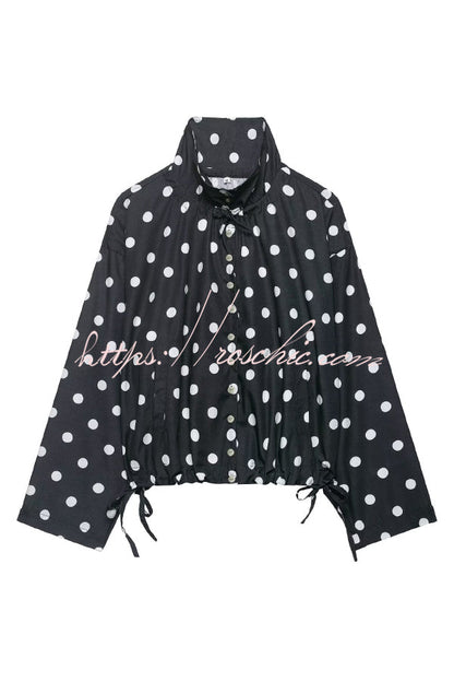 Polka Dot Print Loose Stand Collar Button Bow Tie Casual Long-sleeved Jacket