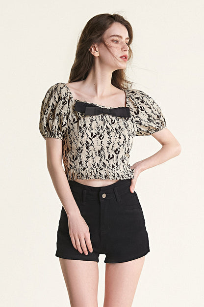 Beige Leaf Print Puff Sleeve Bow Detail Crop Top