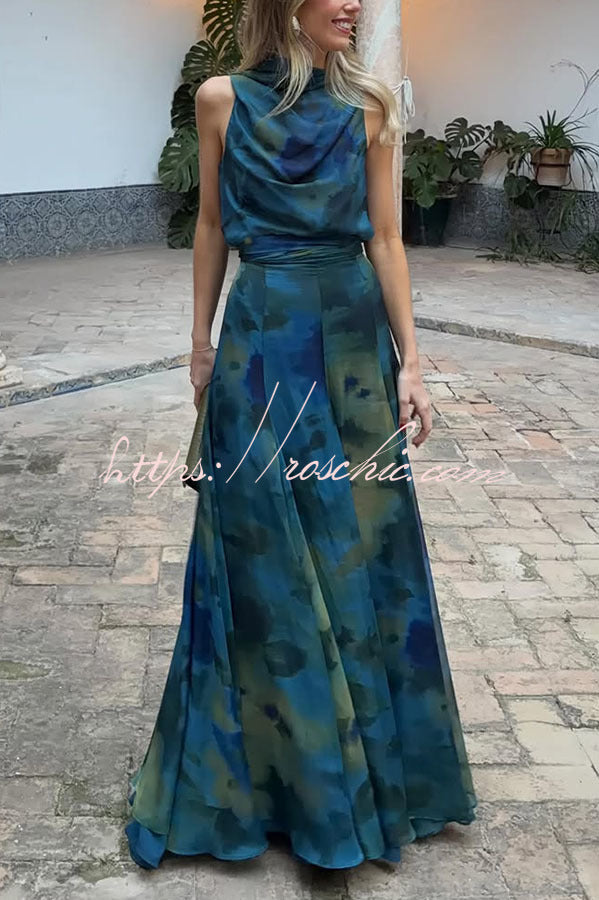 Ione Chiffon Ombr¨¦ Print Cowl Neck Top and High Rise Maxi Skirt Set with Scarf