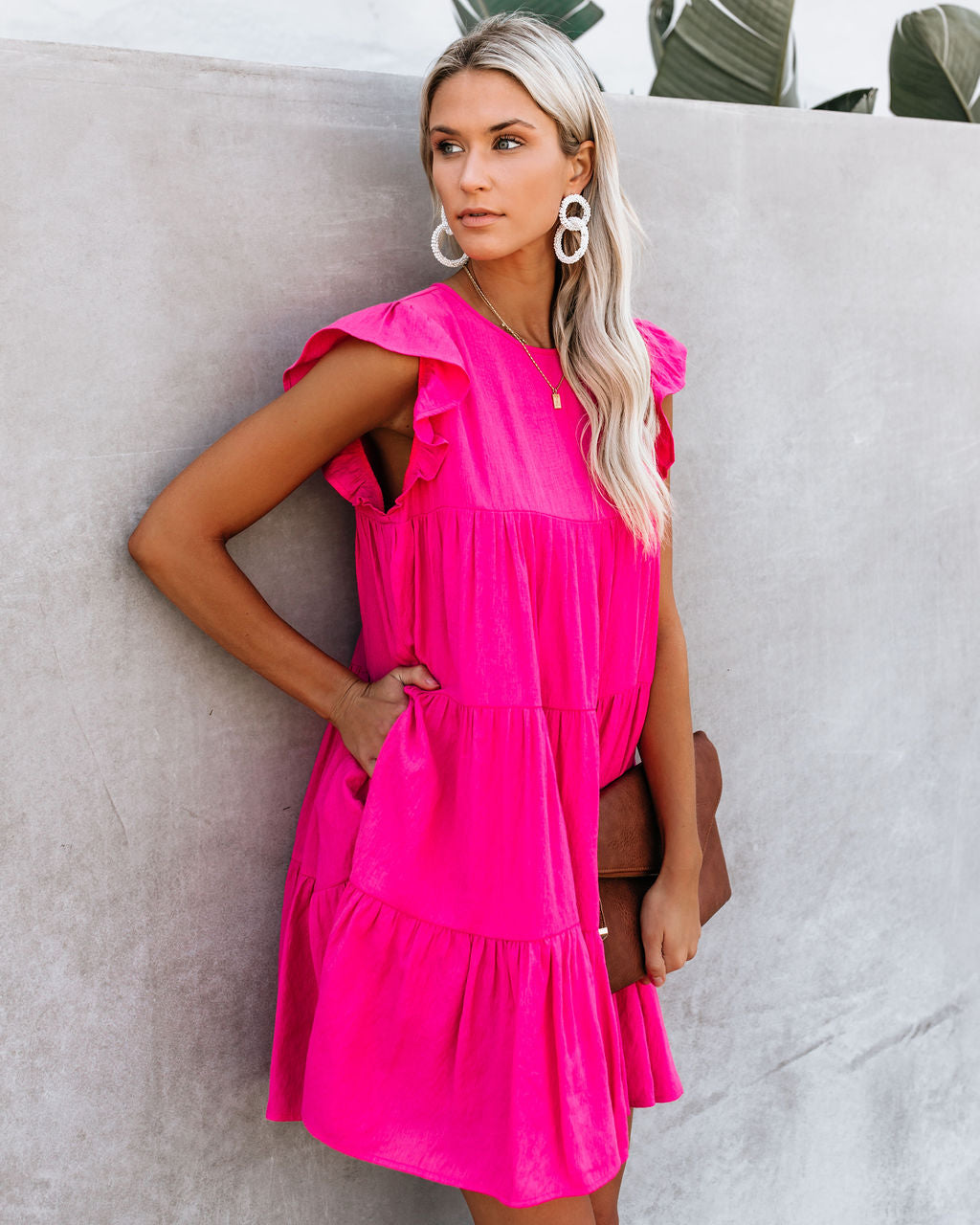 East Coast Pocketed Tiered Babydoll Dress Fuchsia