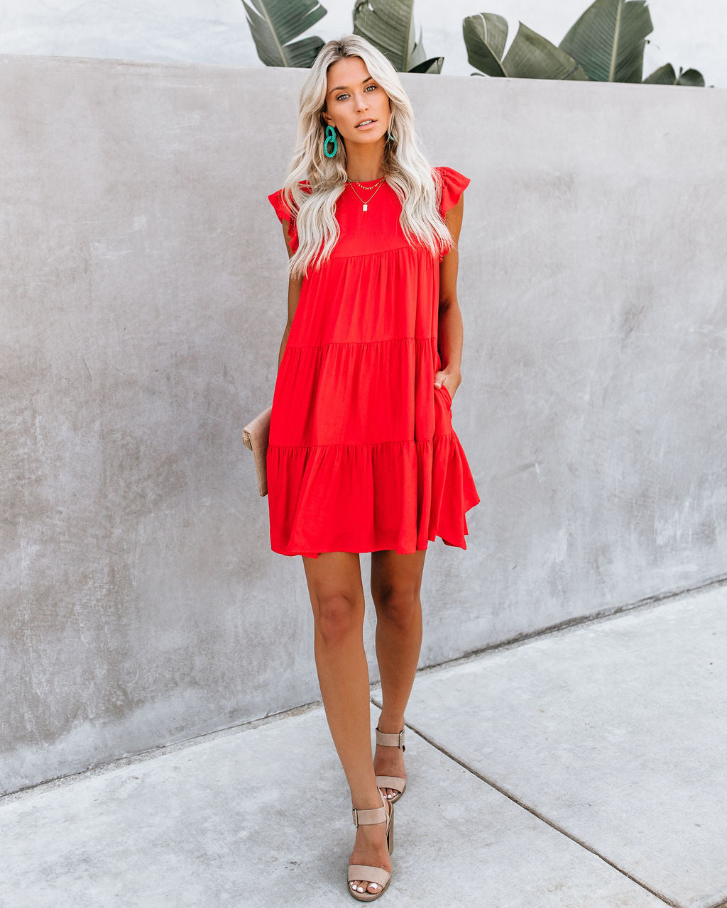 East Coast Pocketed Tiered Babydoll Dress Red