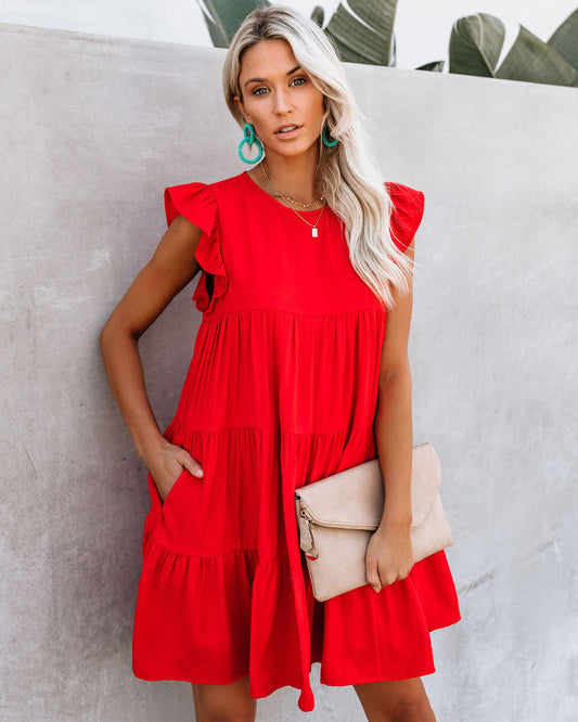 East Coast Pocketed Tiered Babydoll Dress Red