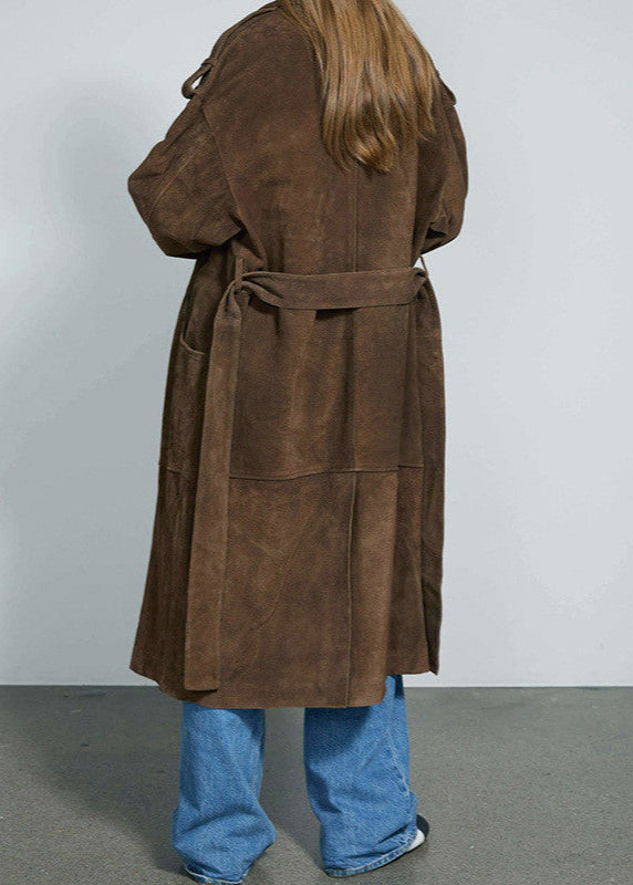 Suede Belted Long Trench Coat – Oversized Double-Breasted Brown Jacket