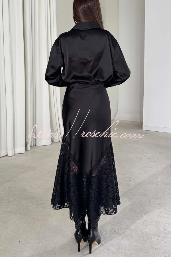 Solid Color Silk Satin and Lace Spliced elegant Maxi Skirt