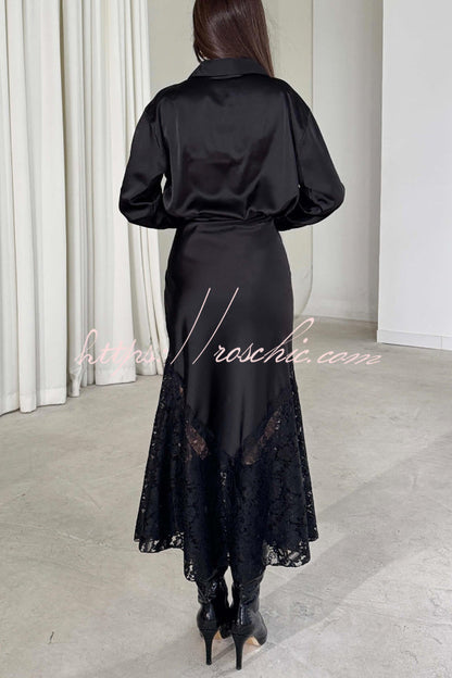Solid Color Silk Satin and Lace Spliced elegant Maxi Skirt