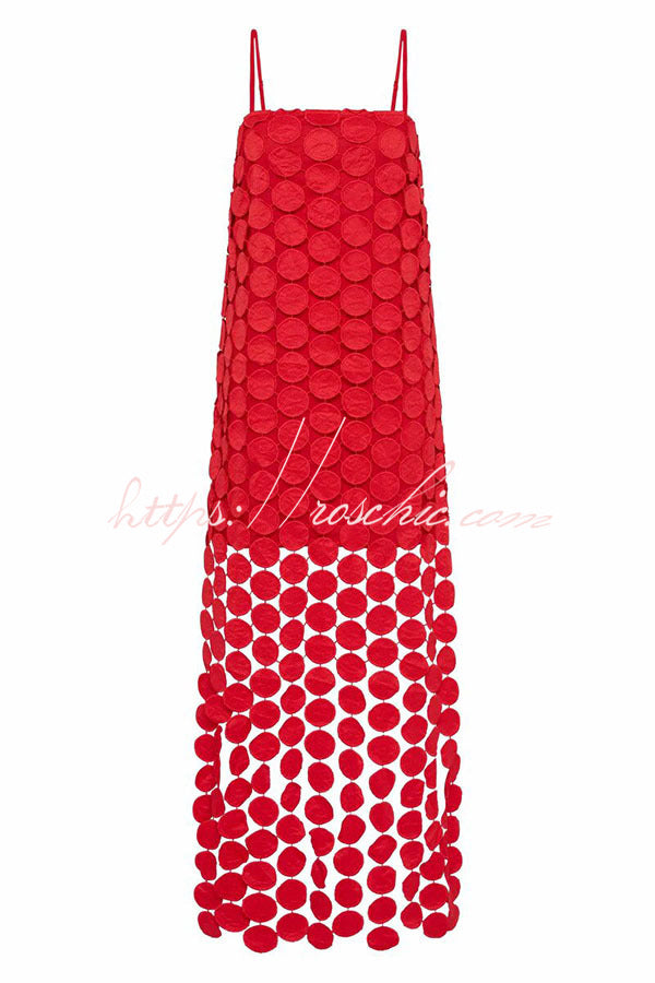 Juju Embroidered Cutout Polka Dots Square Neck Tassel Hem Slip Maxi Dress