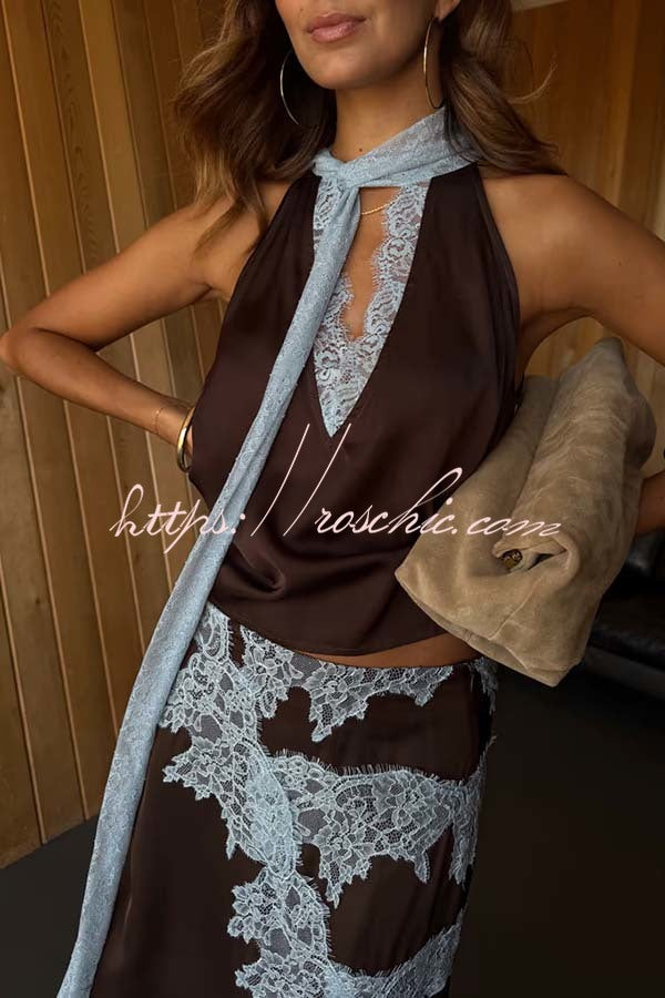 Sunday Social Contrast Color Satin Lace Trim Neck Strap Loose Tank (Shipped Within 24 Hours)