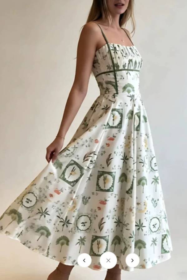 Tropical Plant Print Pleated Strap Waisted A-Line Midi Dress