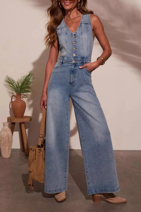 Washed Blue V-Neck Button Front Sleeveless Wide Leg Denim Jumpsuit