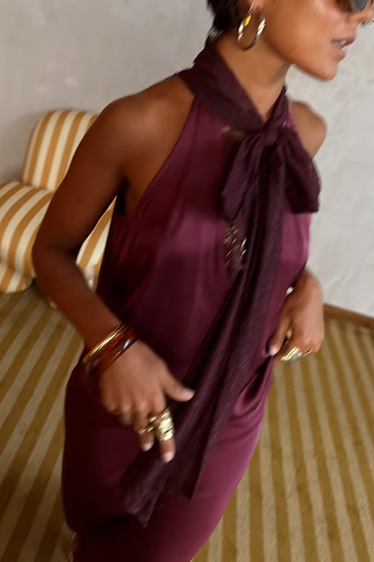Sunday Social Contrast Color Satin Lace Trim Neck Strap Loose Tank (Shipped Within 24 Hours)