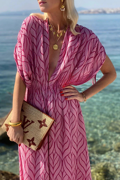 Adriana Boutique Printed Kimono Beach Maxi Dress with Drawstring Design Elevated Occasion Wear