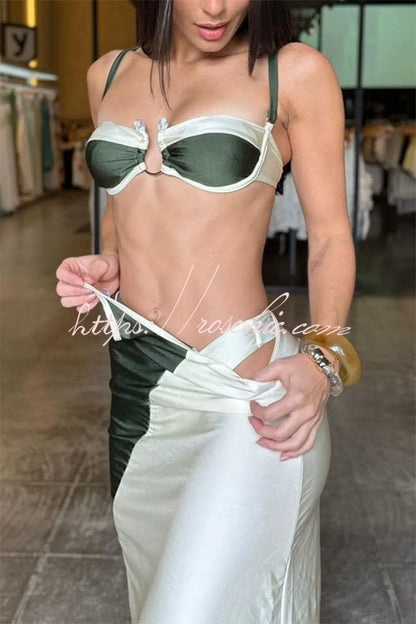 Colorblock U-Hardware Detail Straps Elastic Bikini and Cover-up Maxi Dress Three-piece Set