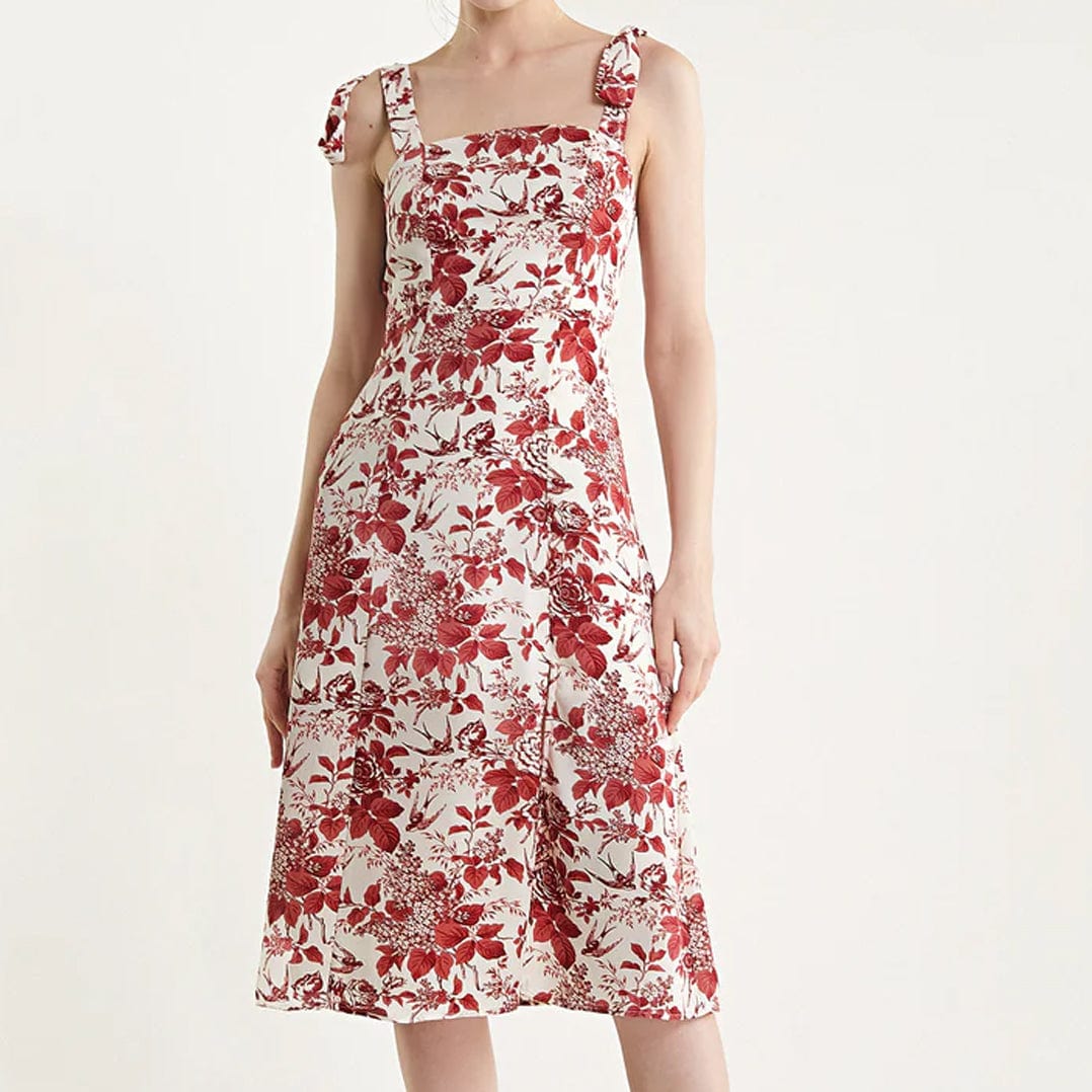 Dark Red Floral Print Tie Strap Slit Hem Midi Dress