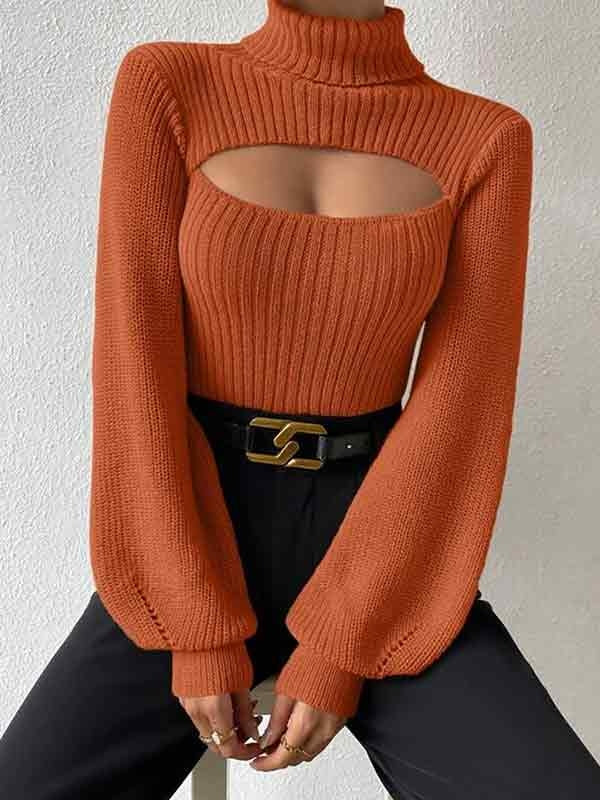 Solid Cutout High Neck Sweater