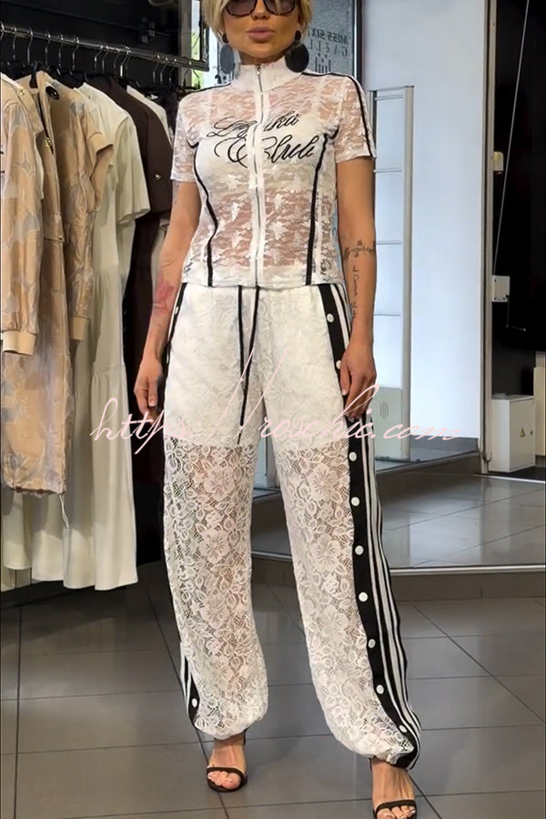 Khloe Lace Striped Patchwork High Neck Zip-Up Top and Elastic Waist Pocket Side Button Pants Set