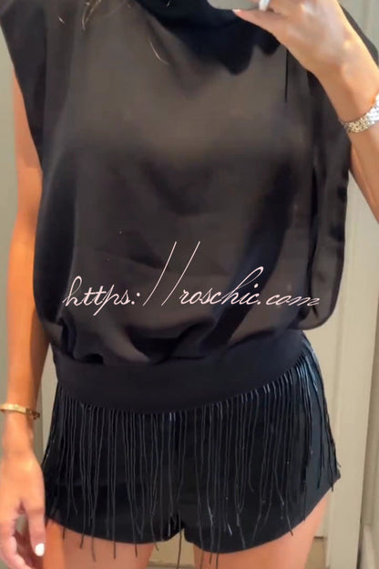 Solid Color Sleeveless Stand-up Collar Top and Casual Fringed Shorts Set
