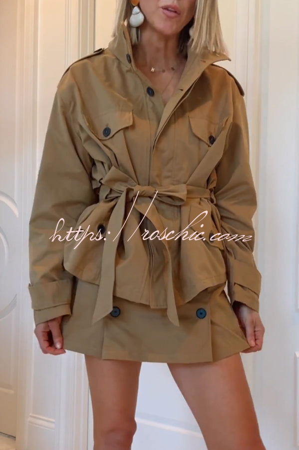 Chic Comfort Mid Rise Elastic Waist Contrast Buttons Pocket Mini Skort