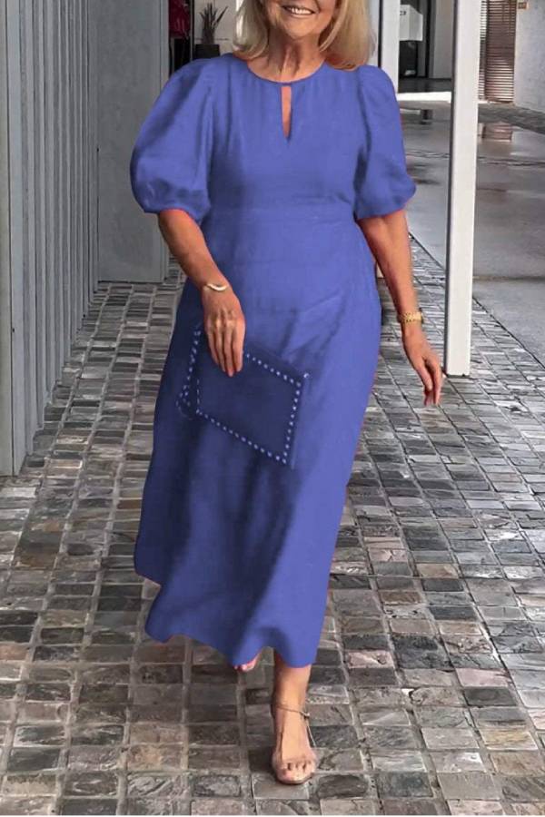 Round Neck Keyhole Puff Sleeve Waisted Midi Dress
