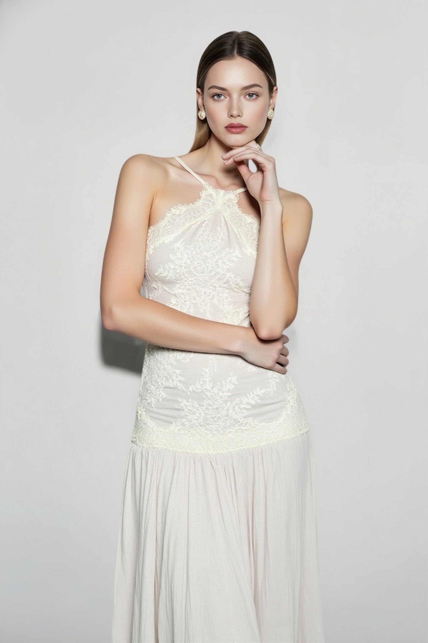 Spice Girl Lace Insert Backless Slip Prom Dress