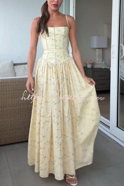 Romantic Countryside Stretch Cotton Blend Floral Print Cutout Trim Slip Midi Dress