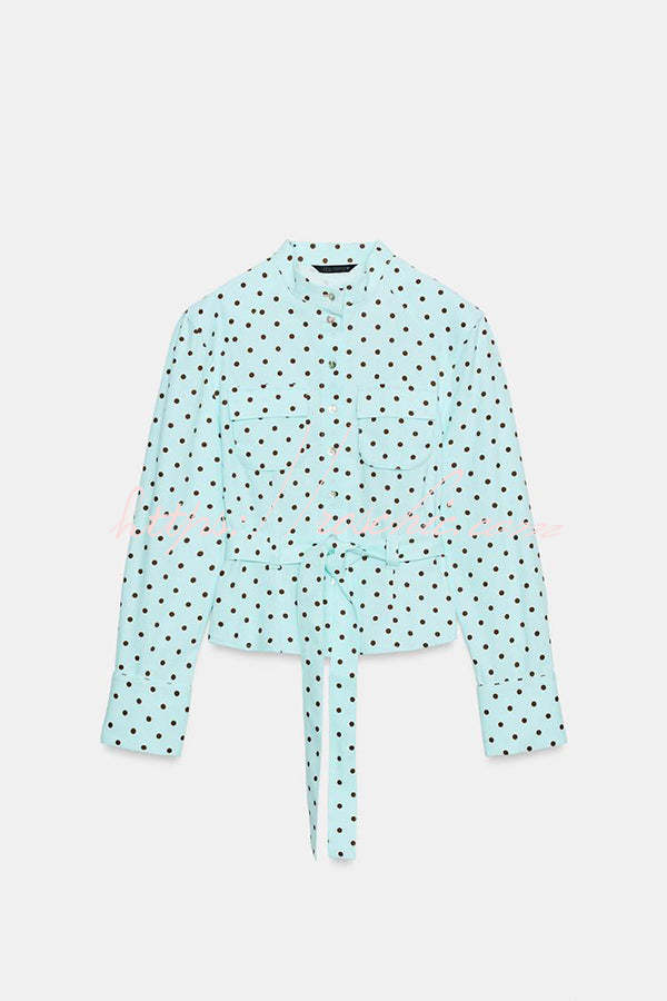 Trisha Linen Blend Polka Dot Stand Neck Belted Jacket and Low-Rise Pocket Mini Shorts Set