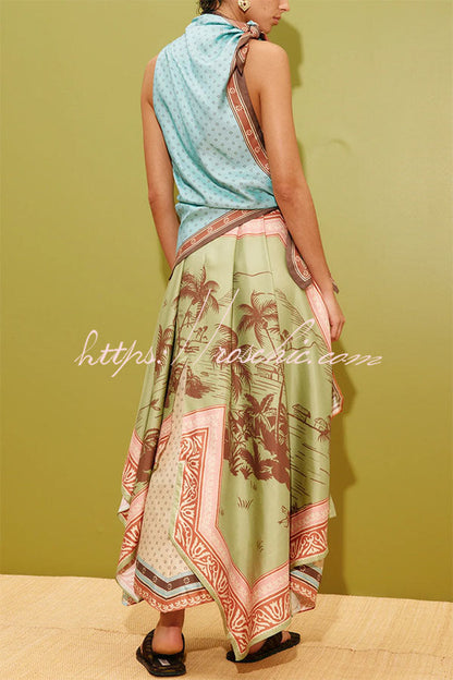 Alberta Satin Unique Color-blocked Print Tie Detail Layered Scarf Midi Dress