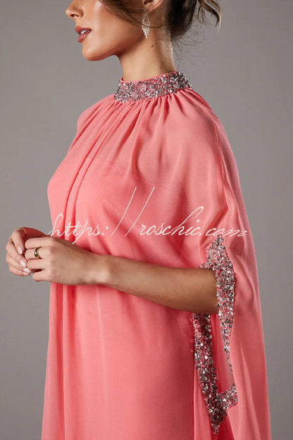 My Dearest Chiffon Sequin Trim High Neck Batwing Cutout Sleeve Cape Maxi Dress