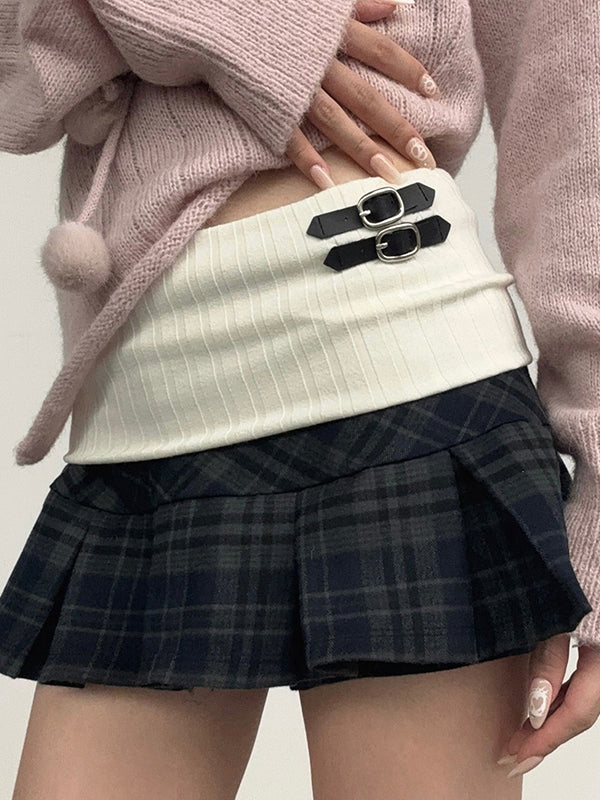 College-Style Spliced Pleated Mini Skirt