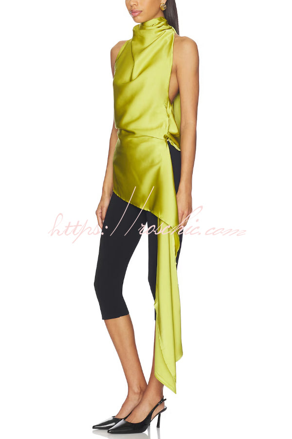 Misty Aura Satin Halter Tie-up Neck Open Back Drape Hem Top
