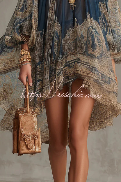 Baroque Print High-neck Irregular Chiffon Mini Dress