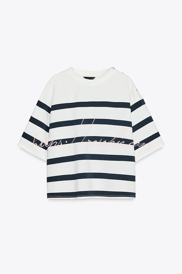 Logbook Stripe Button Shoulder T-Shirt and High-Rise Pocketed Loose  Shorts Set