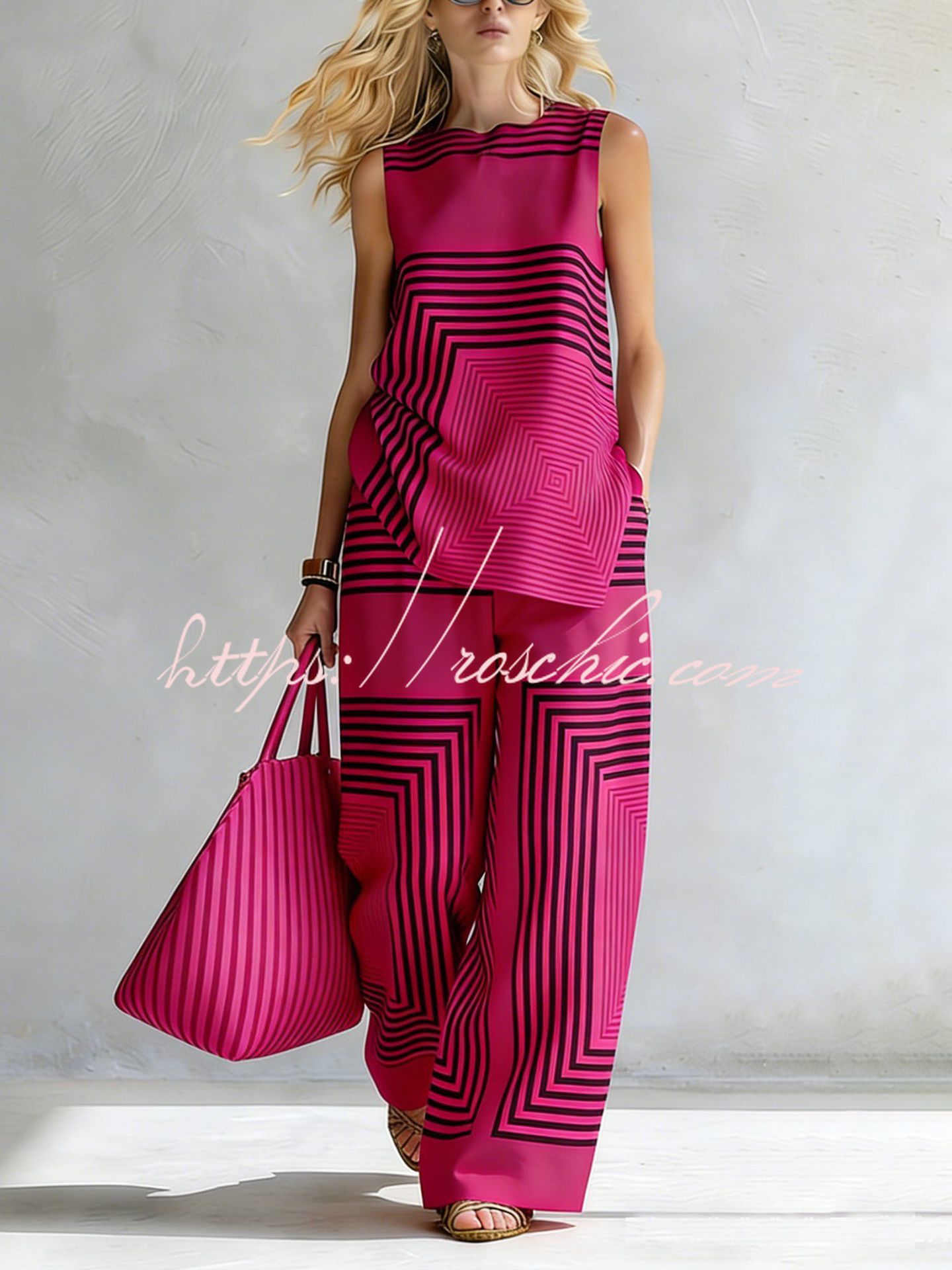 Geometric Print Loose-fitting Round Neck Sleeveless Top and Elastic Waist Casual Pocket Wide-leg Pants Set