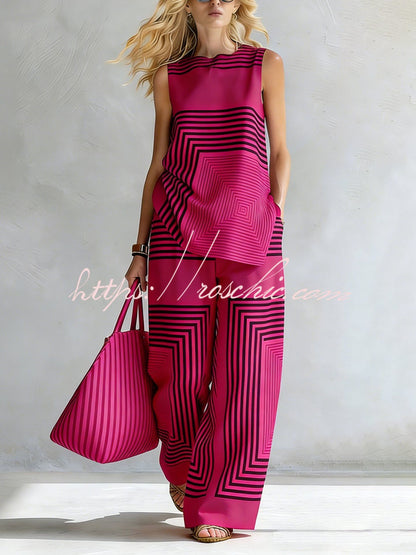 Geometric Print Loose-fitting Round Neck Sleeveless Top and Elastic Waist Casual Pocket Wide-leg Pants Set