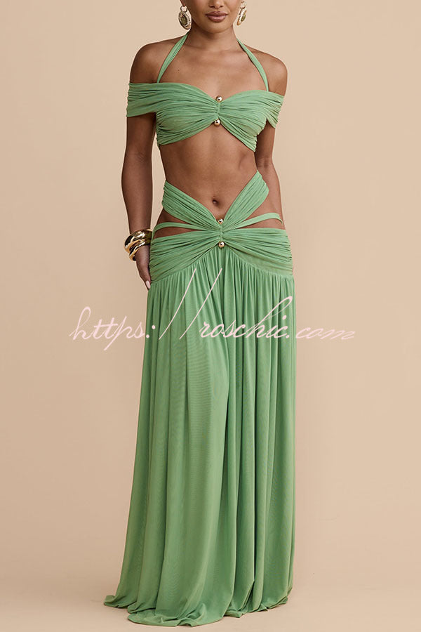 Martina Stretch Mesh Gold Metal Detail Gathered Sweetheart Crop Halter Vacation Tank