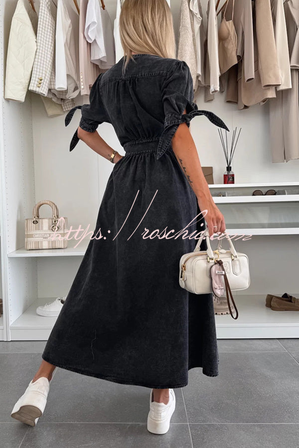 Solid Color V-neck Button-down Denim Midi Dress
