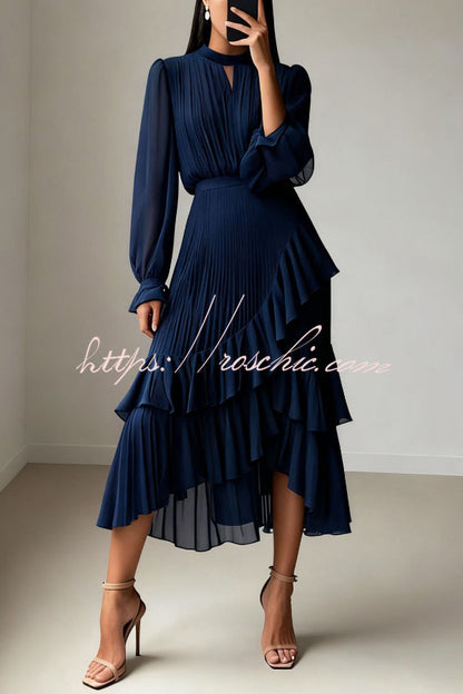 Solid Color Round Neck Long Sleeve Fitted Waist Pleated Ruffle Midi Dress