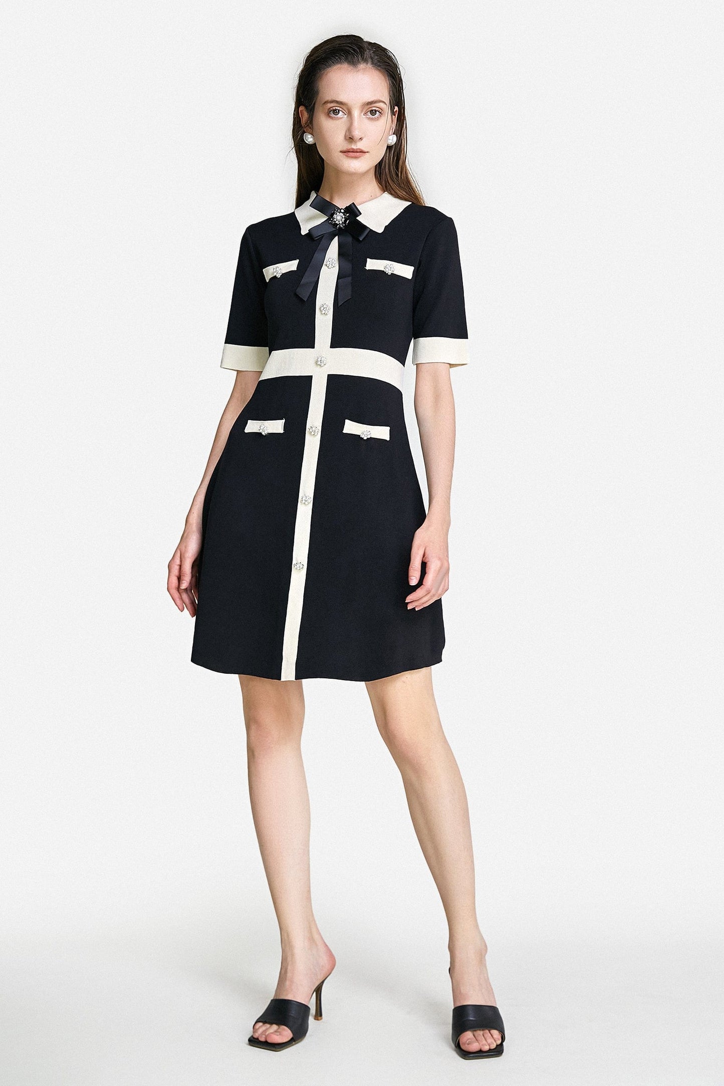 Black Contrast Trim Bow Brooch Knit Dress