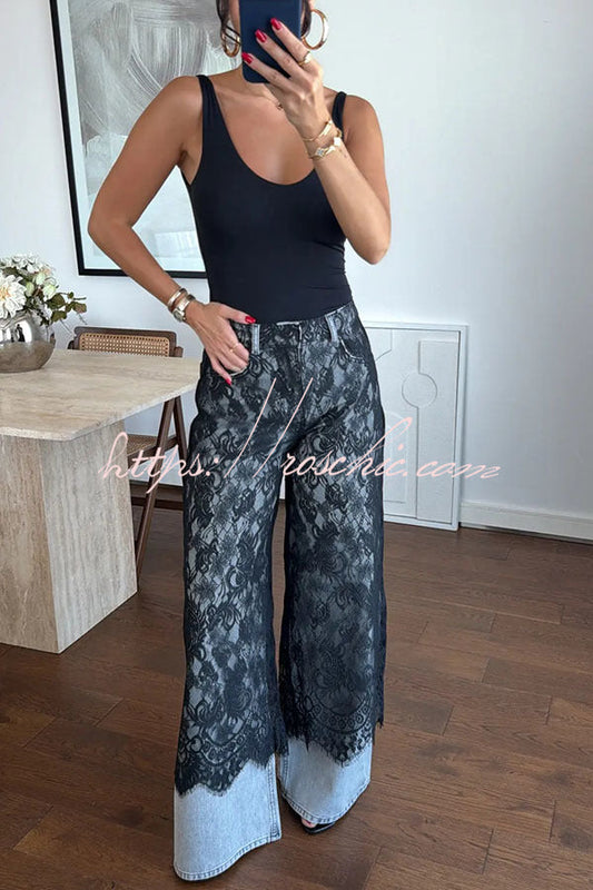 Leina Denim Lace Detail Patchwork High Rise Pocket Wide Leg Jeans