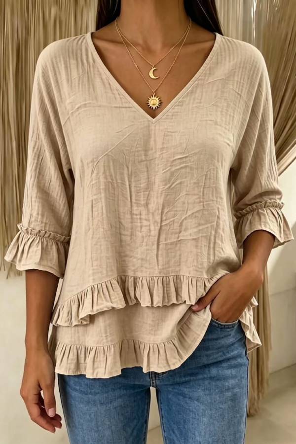 V-Neck Ruffle Hem Elbow Sleeve Blouse
