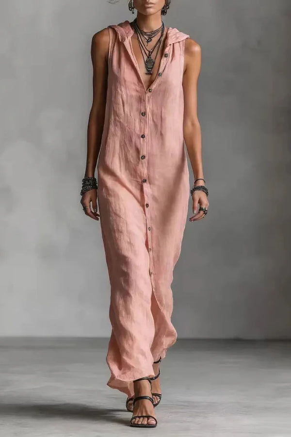 Linen Blend Solid Color Loose Single-breasted Sleeveless Casual Maxi Dress