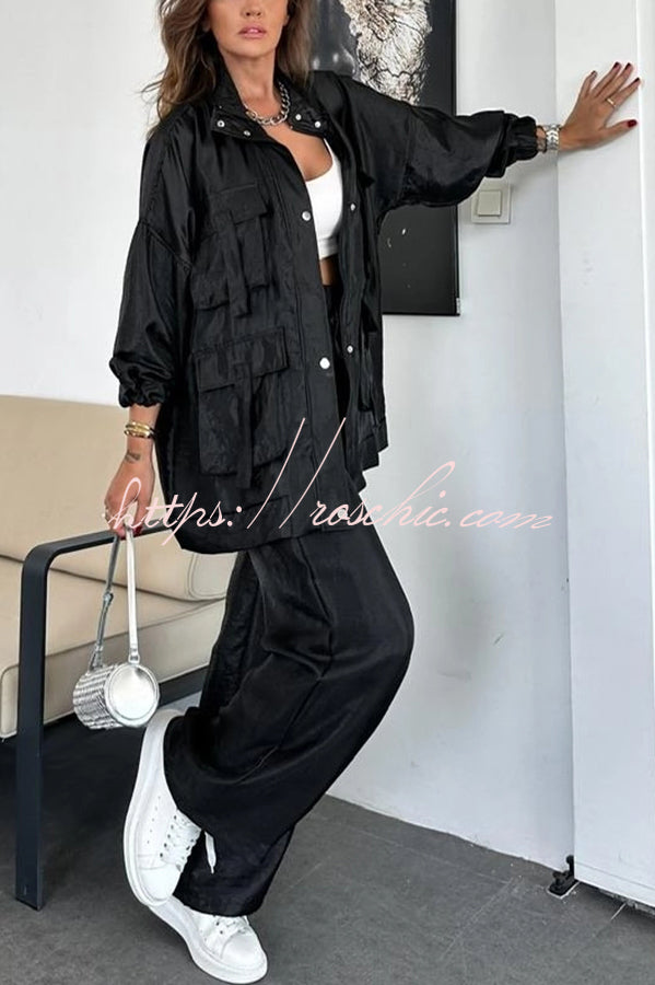 Easy on Me Metallic Fabric Elastic Waist Pocketed Wide Leg Pants (Shipped Within 24 Hours)