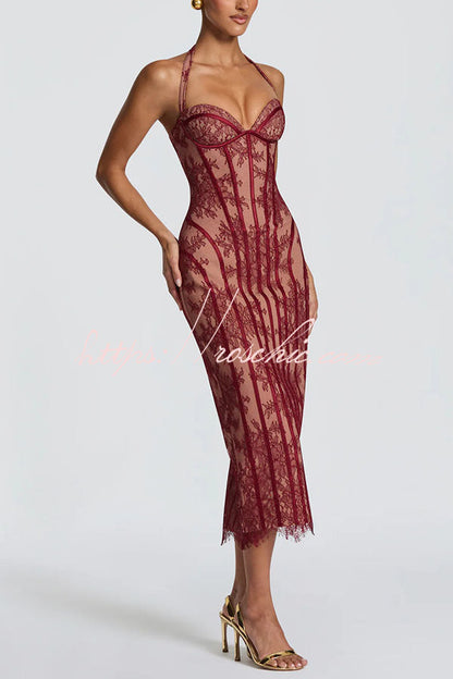 Rona Floral Lace Contrast Structural Detail Back Lace-up Halter Slit Midi Dress